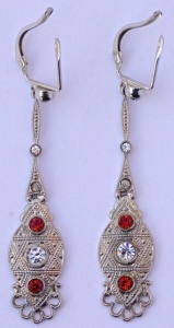 Silver Tone Clear Red Diamante Drop Earrings, circa 1940s